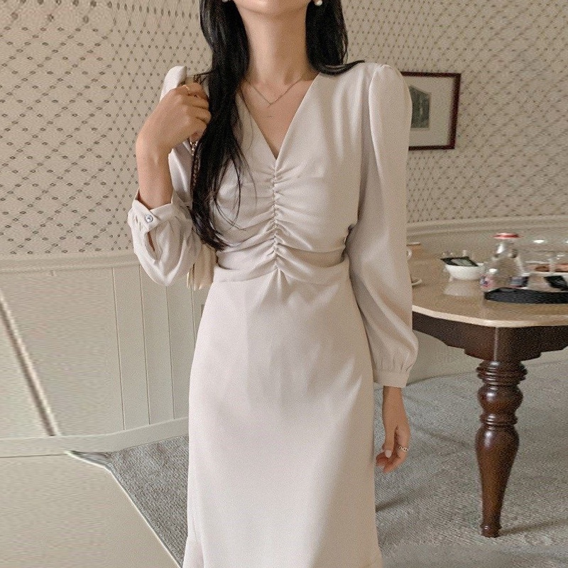 Korea chic elegant V-neck pleated waist bubble sleeve long dresses ...