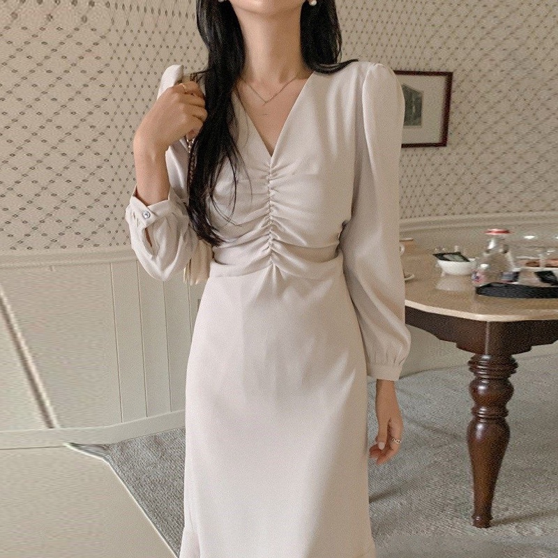 Korea Chic Elegant V-neck Pleated Waist Bubble Sleeve Long Dresses 