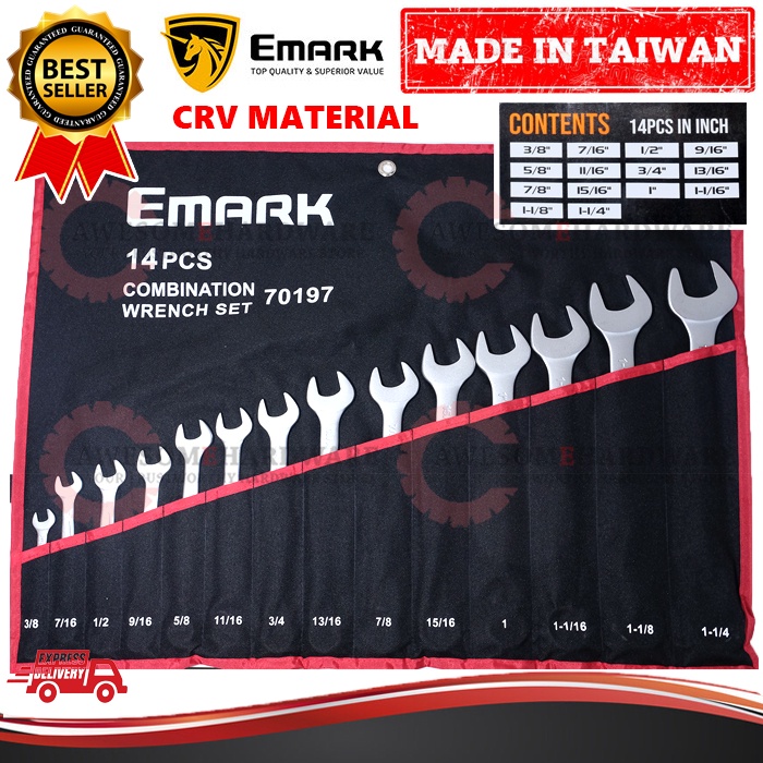 (IMPERIAL INCH) EMARK TAIWAN 70197 14PCS COMBINATION WRENCH SPANNER SET ...