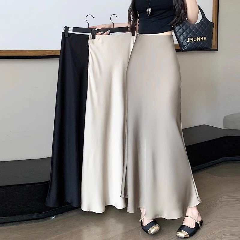 High-Grade Acetate Skirt Women's Summer Mid-Length High Waist Draping Satin  A- line Sheath Fishtail Dress