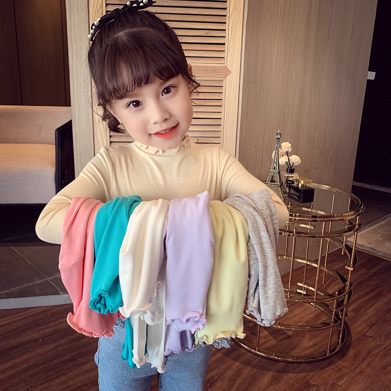 Riconini 2023 Girls' Bottoming Shirt New Children's Inner Western Style Lace Solid Color Long