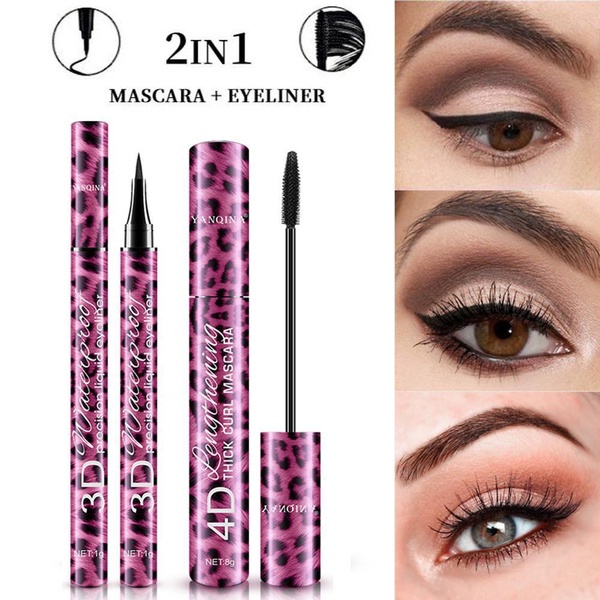 36 Hours Waterproof Eyeliner+4D Fiber Mascara Makeup Set Lashes Curling