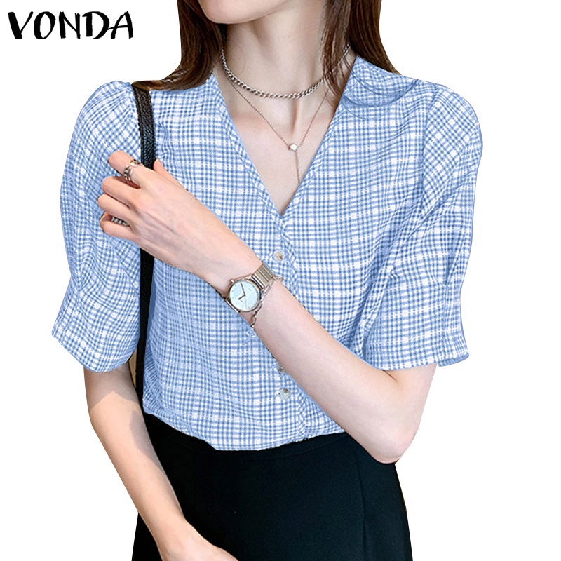 VONDA Women Korean Casual V Neck Short Sleeve Dark Check Puff Sleeves