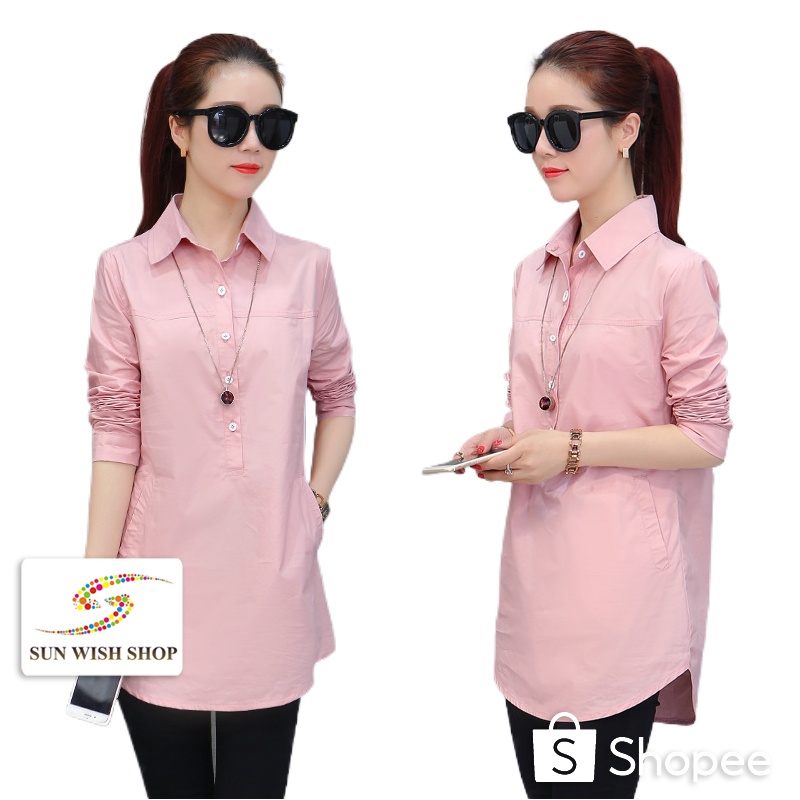 SUNWISHSWS-JY2501 Slim Korean Woman Long Blouse Muslimah Kemeja Labuh ...