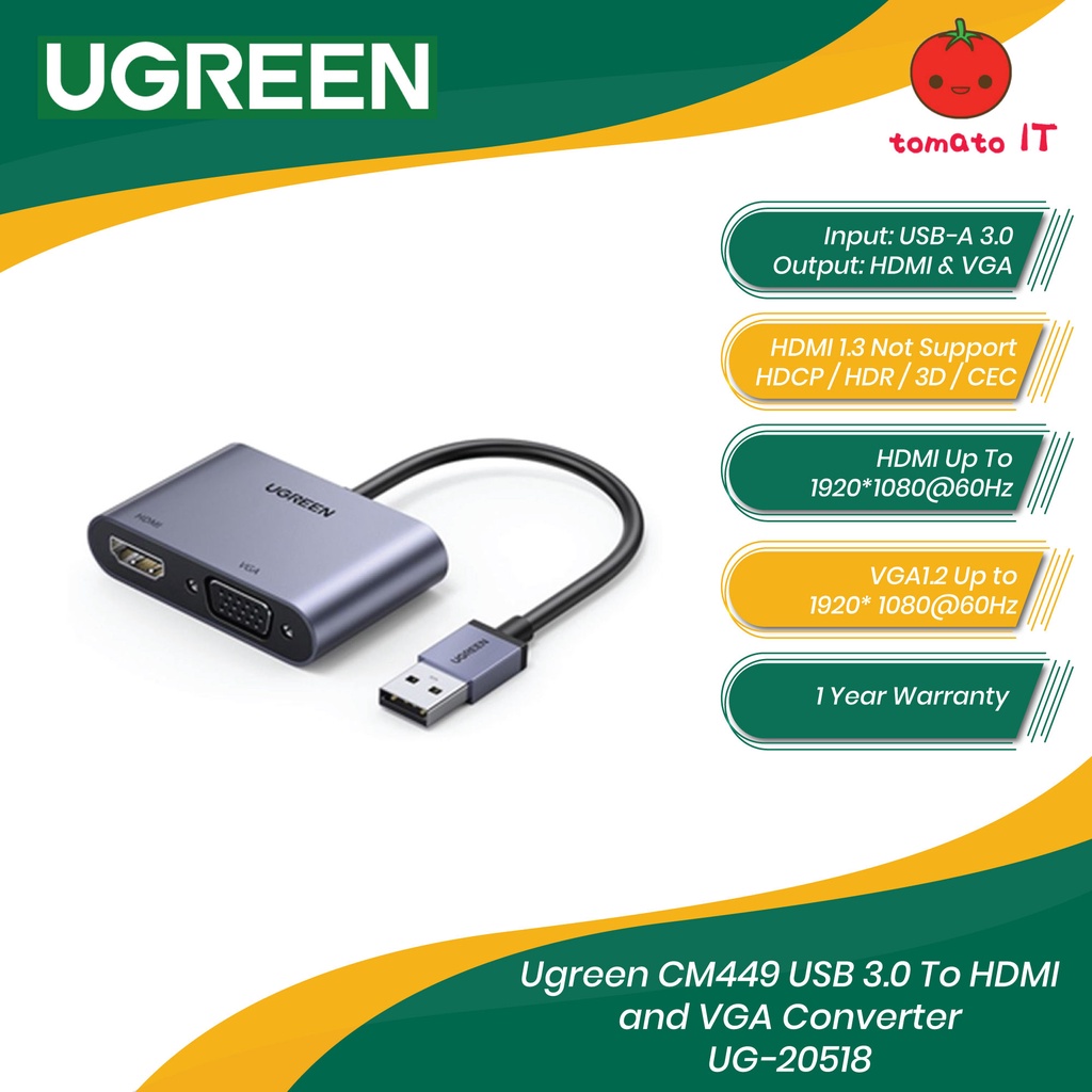 UGREEN USB 3.0 to HDMI + VGA Converter CM449 UG20518 Shopee Malaysia