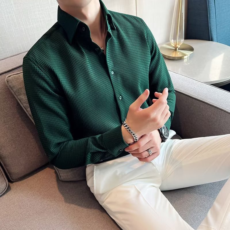 Local DeliveryMen's Waffle Shirt Long Sleeve Long Sleeve Shirt SlimFit Uniqlo  Black Color Formal Office Shirt | Shopee Malaysia