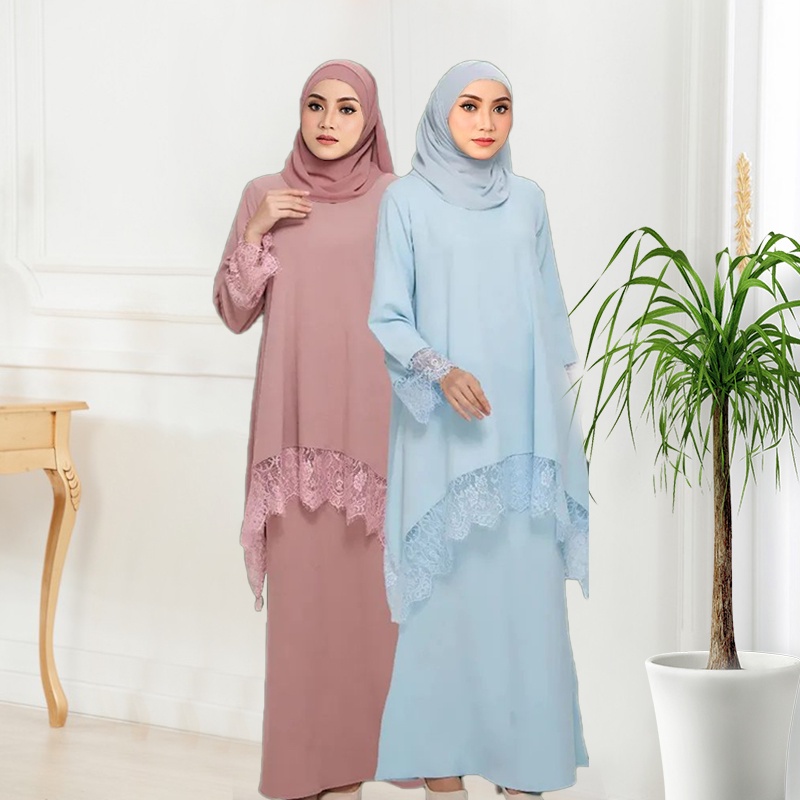 Baju Kurung Moden Kebaya lace ironless Baju Raya 2024 Plain Pleated Set Top Elastic Waist Skirt plus Size baju Muslimah Shopee Malaysia