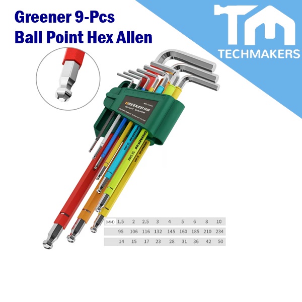 Greener 9-Pcs Ball Point Hex Allen Wrench Tool Colorful Color Grip Star Wrench Cycling Repair Techmakers