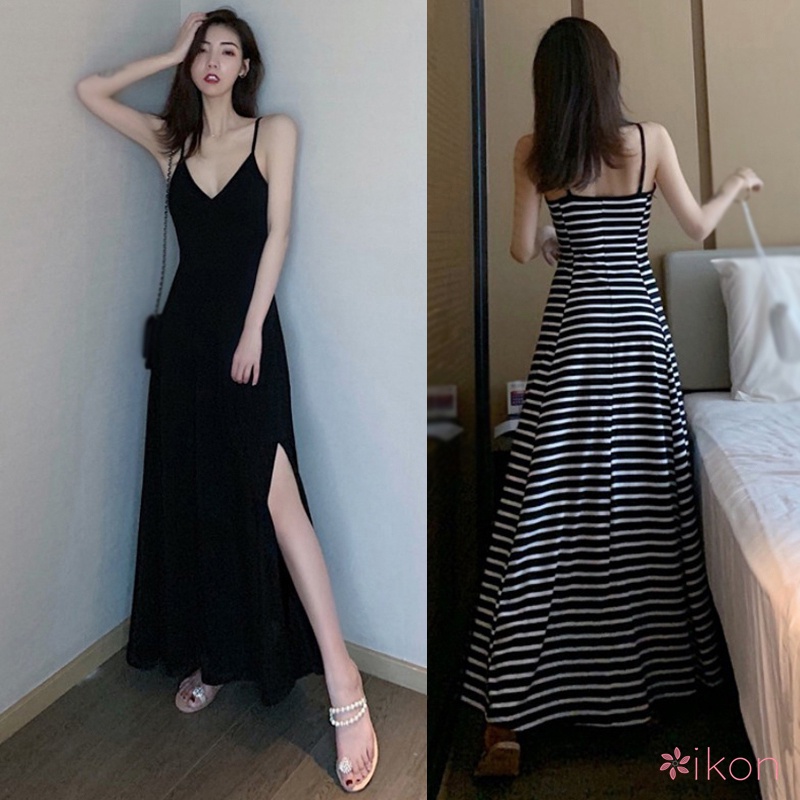 Women's V-Neck Striped Slit Slim Long Dress Sexy Retro Korean Dresses ...