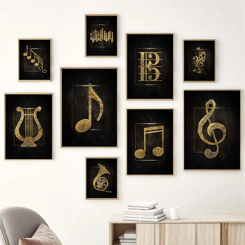 Black Background Gold Music Signs Posters Canvas Painting Piano Wall ...
