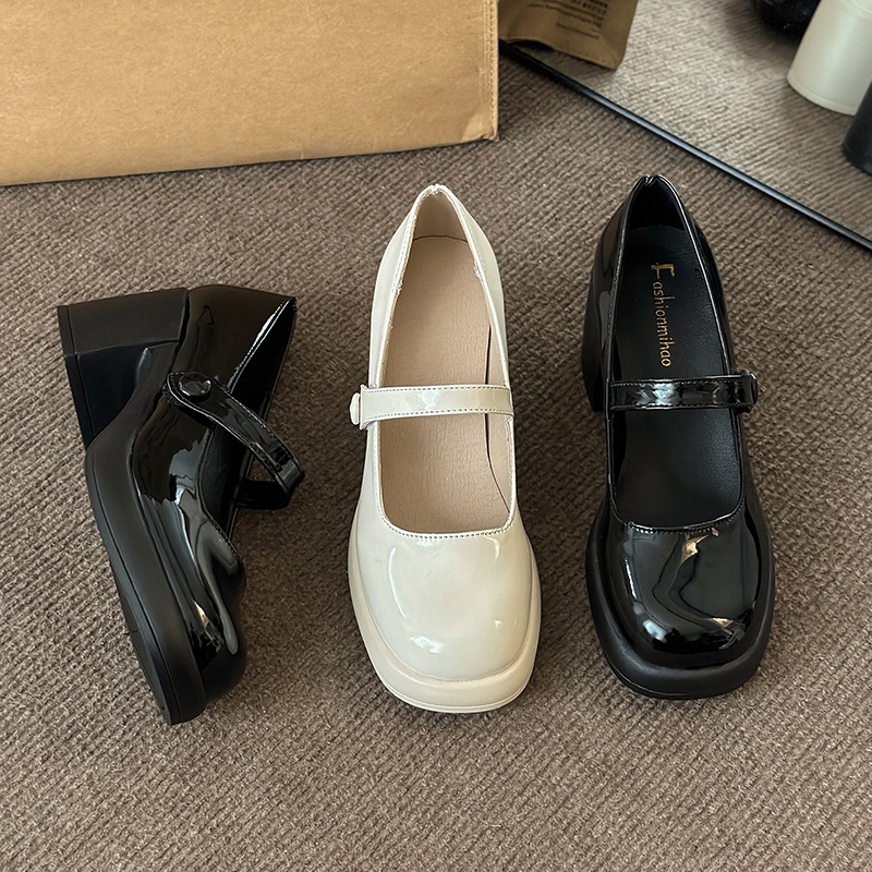 Women's High Heels Leather Ankle Strap Patent Leather Round Toe Mary