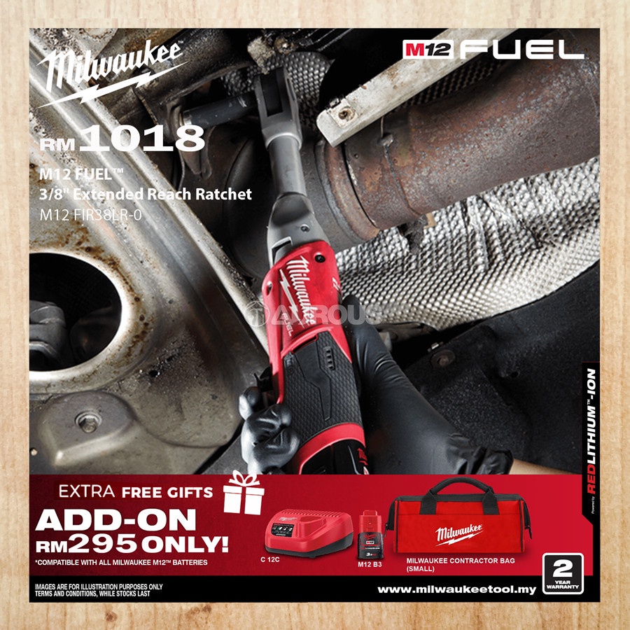 MILWAUKEE M12 FUEL 3/8'' EXTENDED REACH IMPACT RACHET (M12 FIR38LR-0 ...