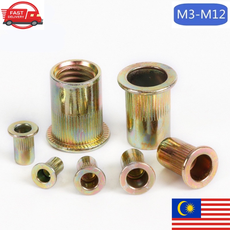 50pcs M3M12 Rivnut Steel Rivet Nut Insert Rivets Multi Size Flat Head