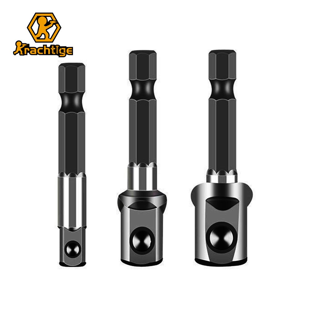 Krachtige 3Pcs Drill Socket Adapter Set Hex Shank To 1/4" 3/8" 1/2