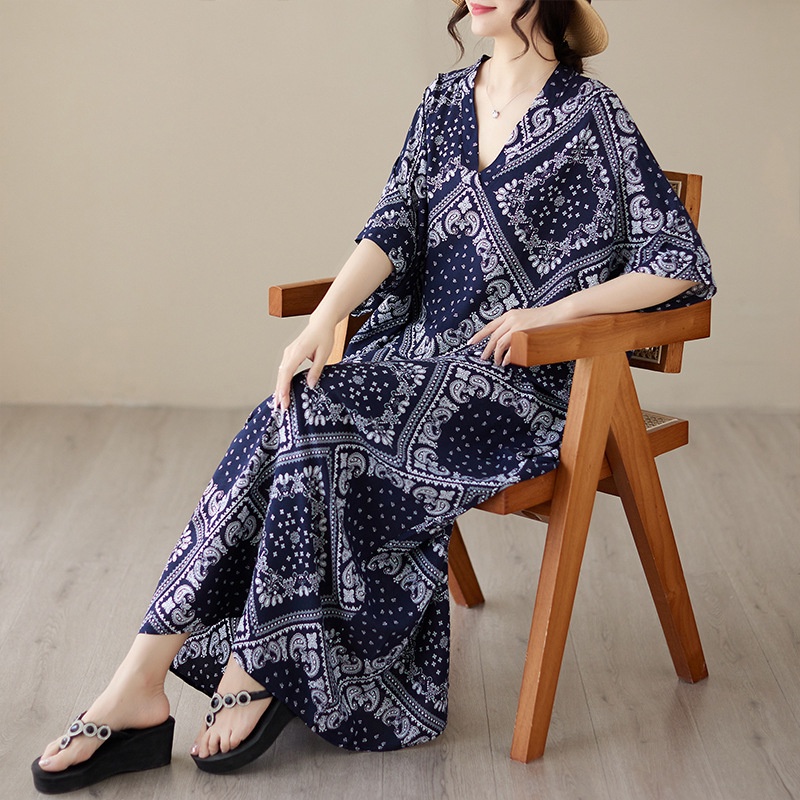 Summer V-neck Cotton Dress Oversized Loose Artistic Holiday Style Long ...