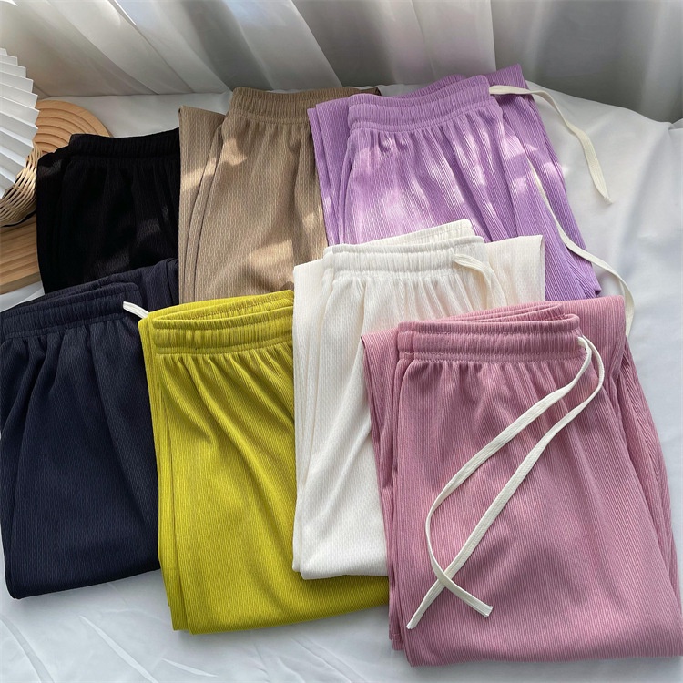 High Waist Women Solid Color Ice Silk Casual Straight Leg Pants Wide ...