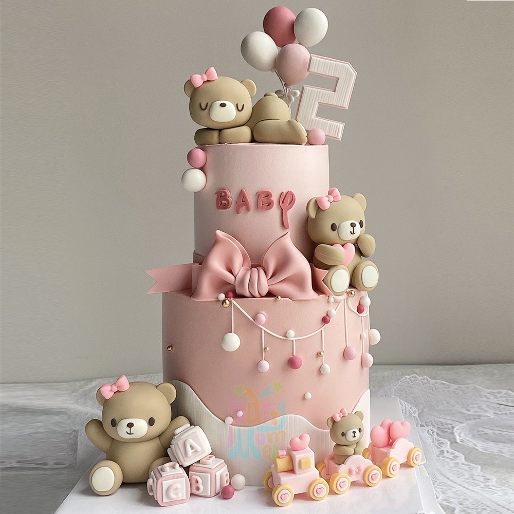 Pink Bear Cake Topper Set - Hot Air Balloon & Cloud Baby Shower Birthday Decor