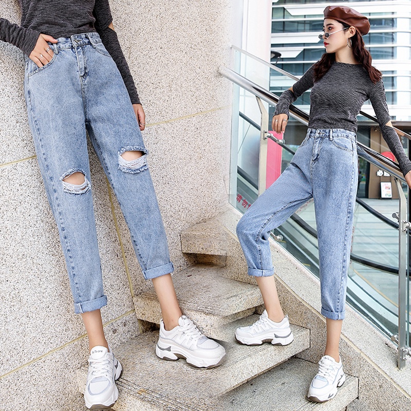 送料無料の商品 ready Women's Jeans ripped Waist High style korean stock Clothing