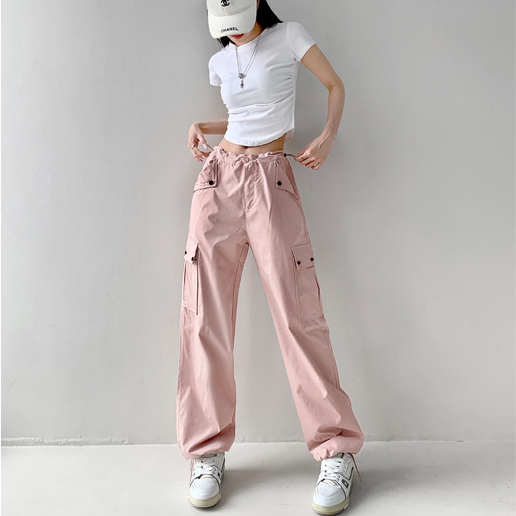 BH women's resin cargo pants sexy low waist side drawstring leg wide leg pants Shopee Malaysia