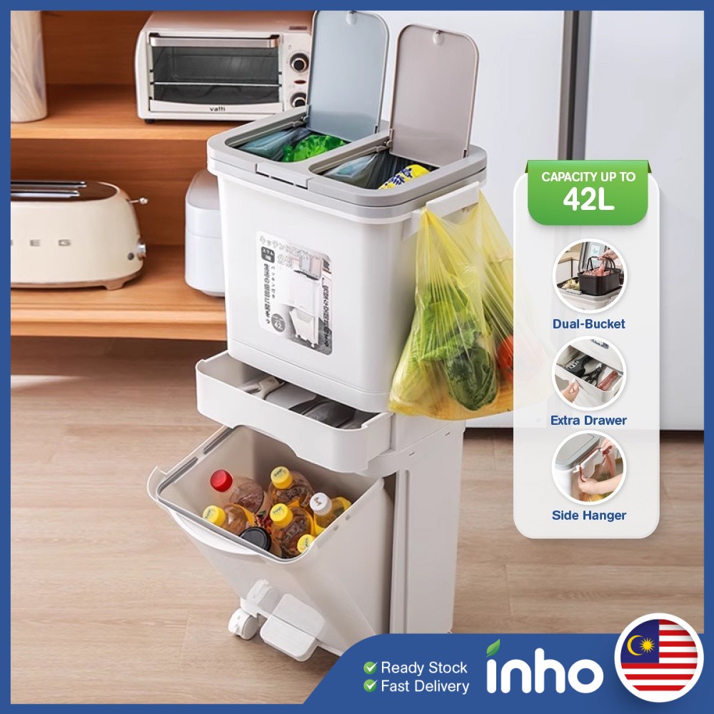 INHO 42L Movable Household Sorting Trash Can Large Garbage Storage Box ...