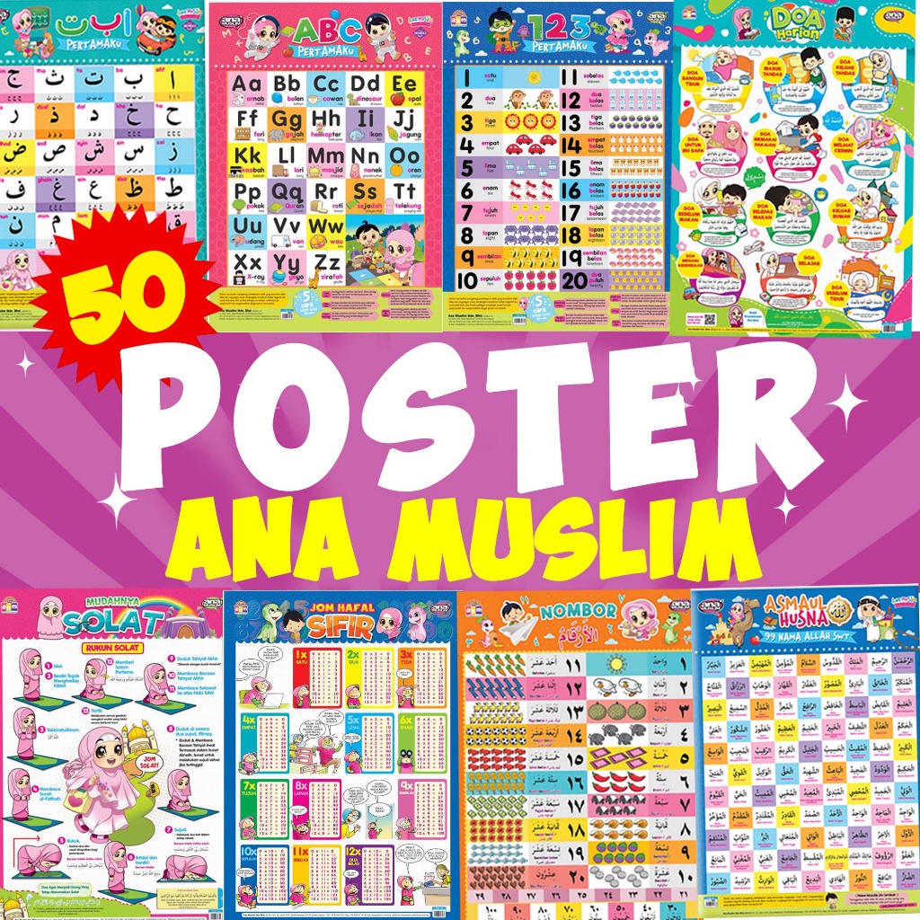 50 POSTER VIRAL ANA MUSLIM ABC|123|Alif Ba Ta|Wuduk|Solat|Arab|Asmaul ...