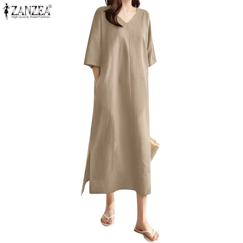 Zanzea Women Korean Casual Half Sleeve V Neck Cotton Linen Pockets Dresses Shopee Malaysia 1808