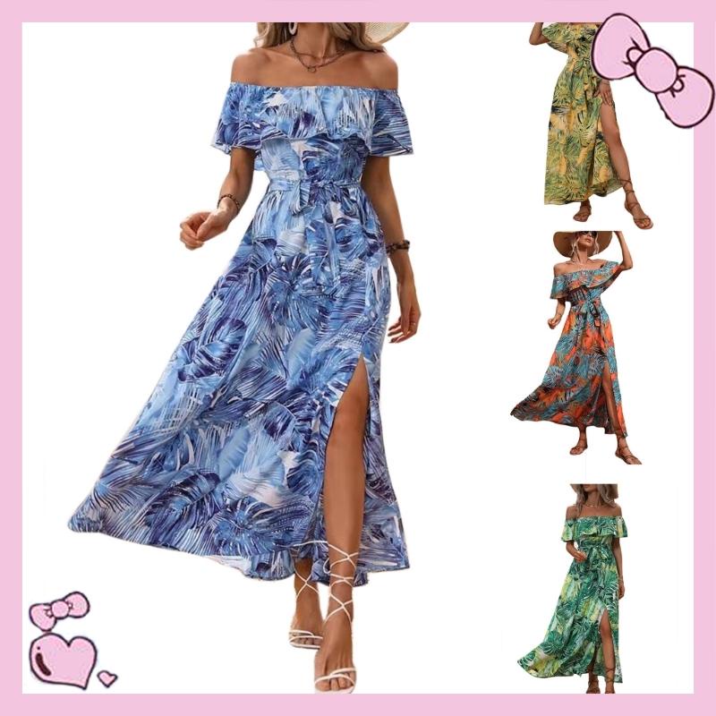 Time Women s Off Shoulder A-line Maxi Dress Hawaiian Floral Long