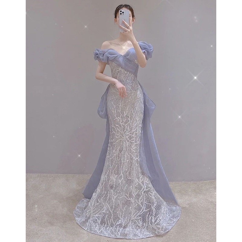 Off Shoulder Sequins Banquet Evening Dress Fairy Temperament Slim