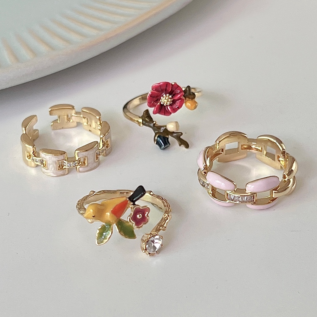 1Pc Elegant Fashion Enamel Bird Flower Opening Rings for Women Girls ...
