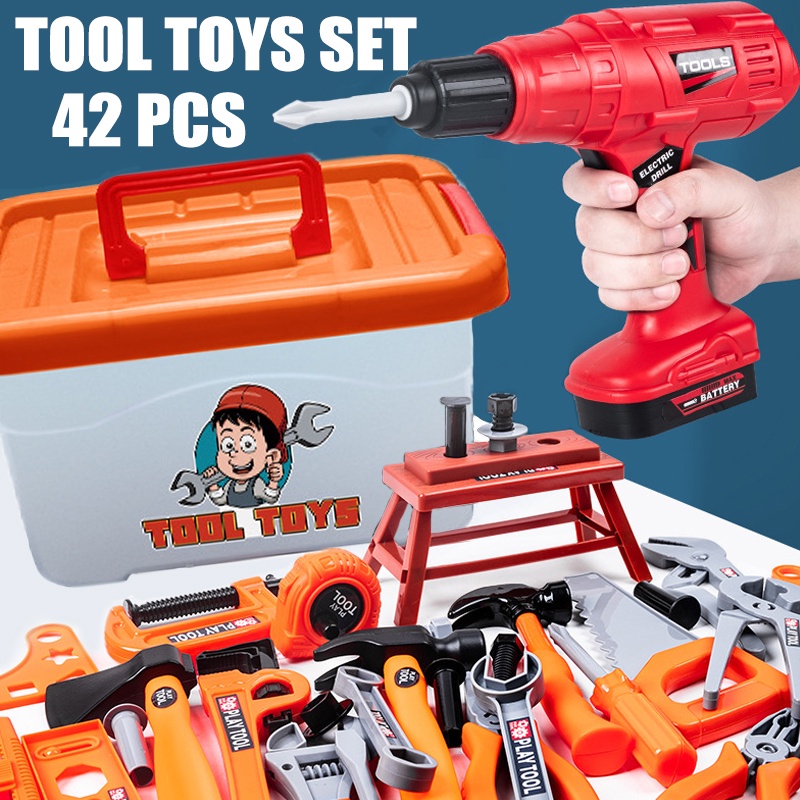 42PCS Tool Toy Set Kids Power Drill Hammer Hardware Engineers Box Kit