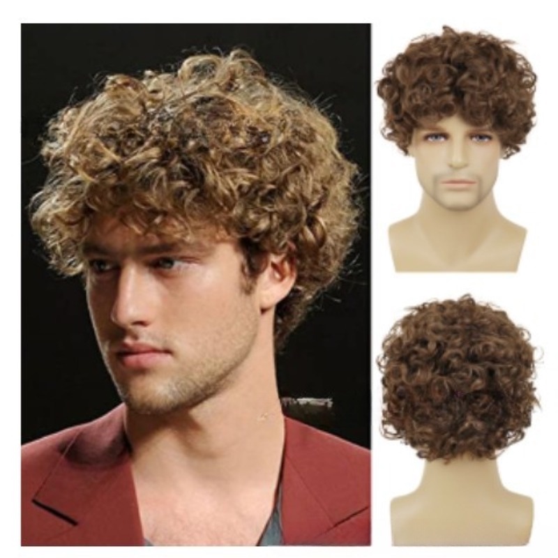 Men's European and American Wigs Fluffy Brown Short Curly Hair Men's