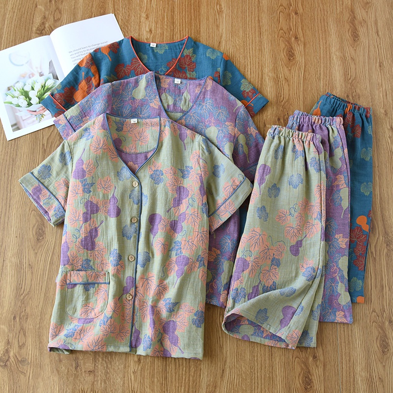 [Ready Stock]Women Pure Cotton Gauze Short Sleeve Cropped Pants Pyhamas