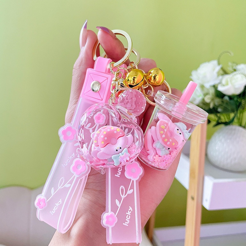 Creative Pink Donut Glitter Bottle Keychain Acrylic Oil School Bag Car