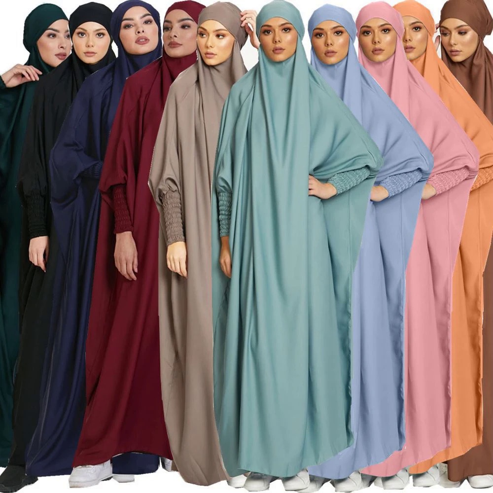 Muslim Robe One Piece Solid Color Long sleeves Dress Ramadan Prayer ...