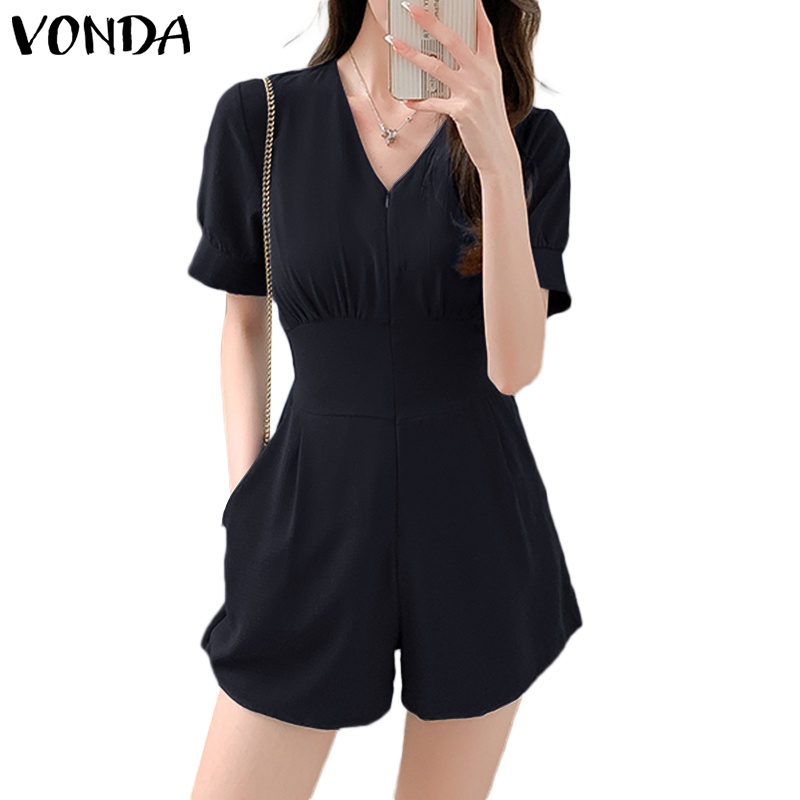 VONDA Women Korean Casual VNeck Short Sleeves Puff Sleeve Solid Pocket