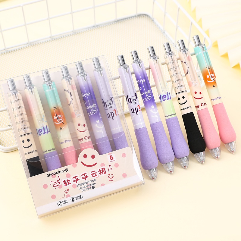 6Pcs/Box Cute Smiley Face Doodle Gel Pen Set Soft Sponge Cloud Grip ...