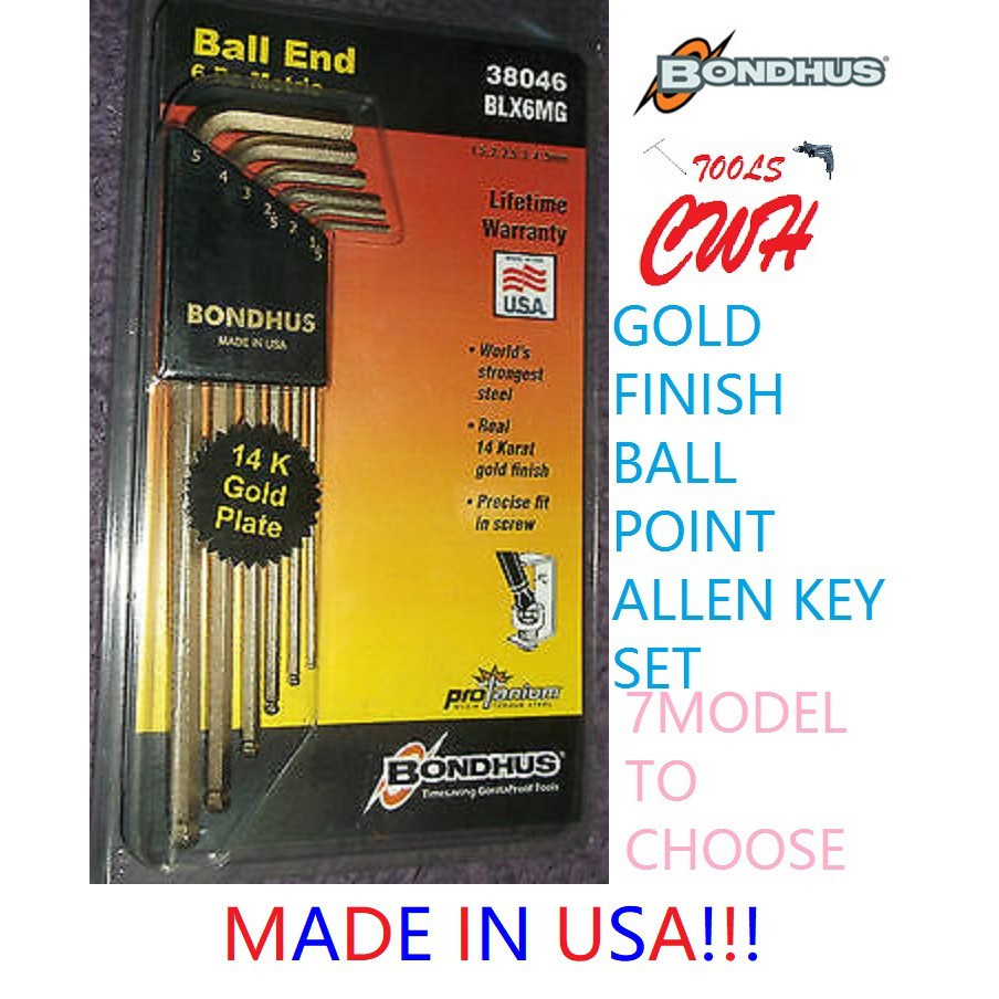BONDHUS USA GOLD PLATED BALLPOINT HEX ALLEN KEY L-WRENCH HEXAGON DRIVER ...