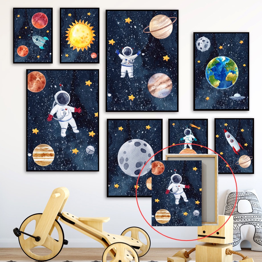 With Frame - Space Astronaut Rocket Planet Moon Sun Wall Art Prints ...