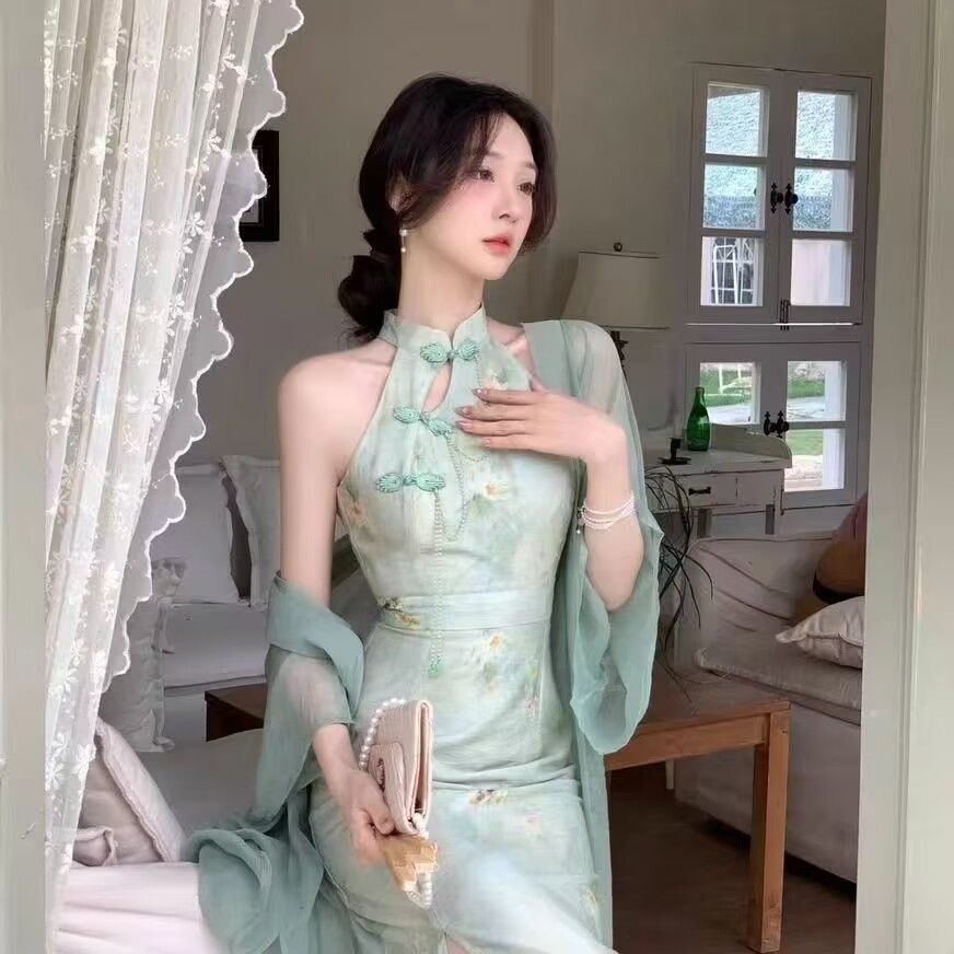 Chinese Improved Green Cheongsam Dress Women - Hanfumodern