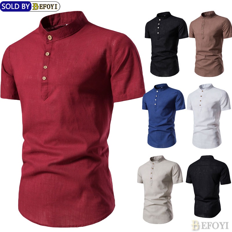 BEFOYI Men's Raya Short Sleeve Shirts Kurta Slim Fit Solid Color Casual ...