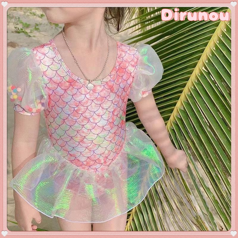 Dirunou cute puff sleeve swimsuit baby mermaid swimsuit kids girl