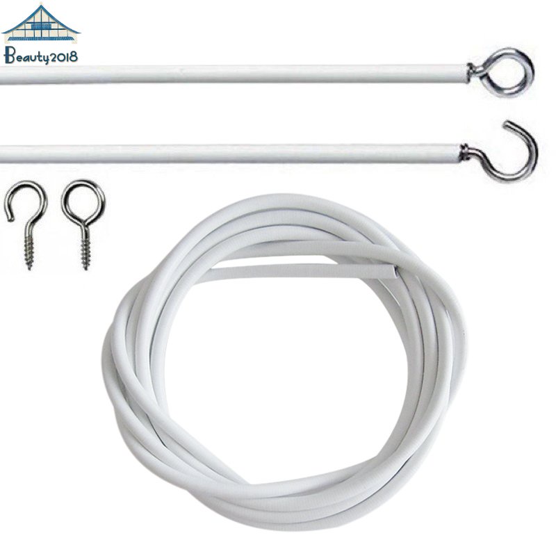 White Curtain Wire with Hooks Adjustable Length Wire Springs Curtain ...