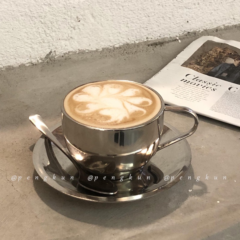 Ins Style Stainless Steel Coffee Cup Saucer Set Double Layer 304