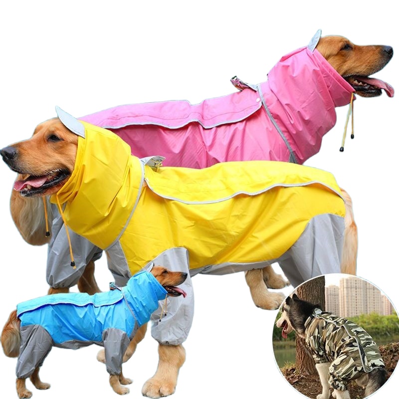 Dog Rain Coat Pet Dog Raincoat Reflective Waterproof Zipper Clothes High Neck Hooded Jumpsuit For Small Big Dog Raincoat Medium