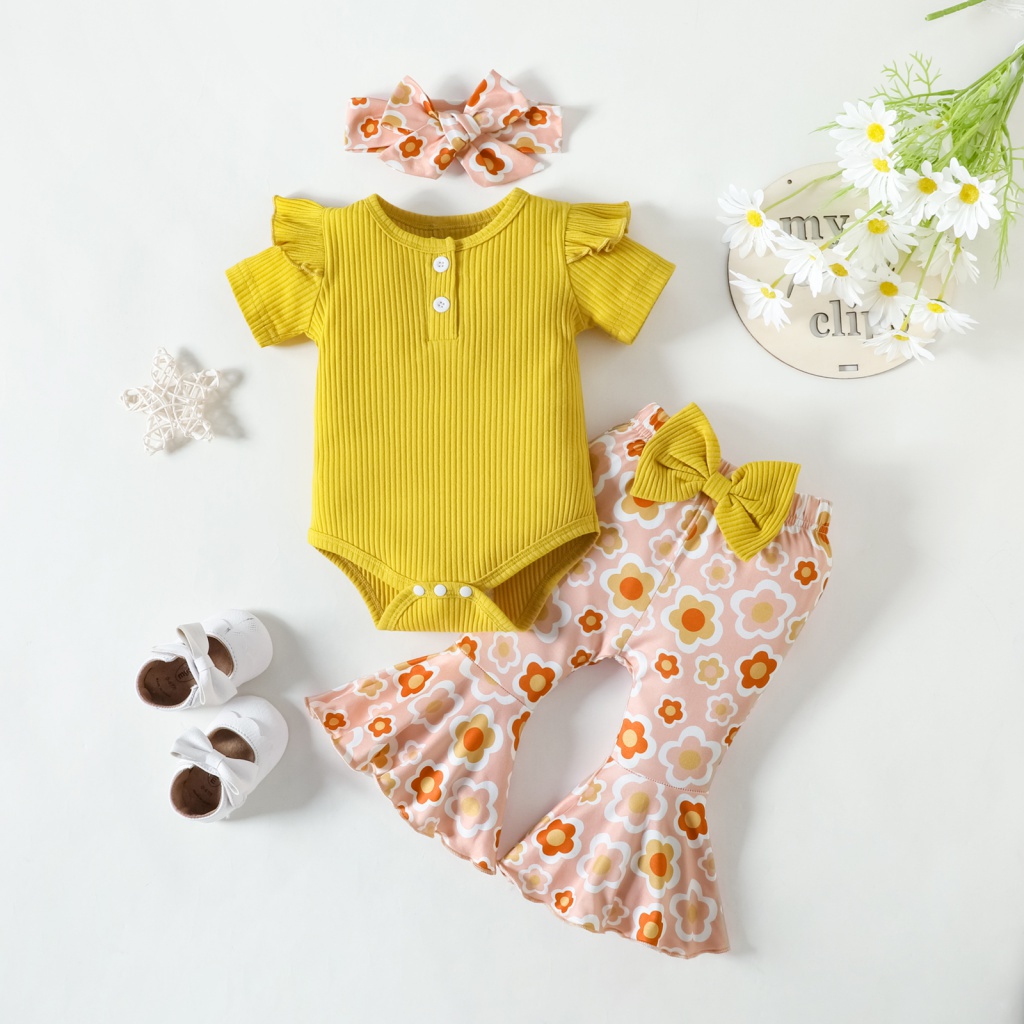 AL 012 months baby girl clothes floral print yellow shortsleeved top