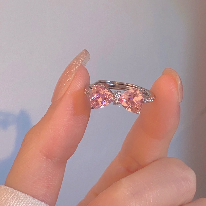 925 Silver Bow Ring Female Pink Crystal Stylish Opening Ring Adjustable ...
