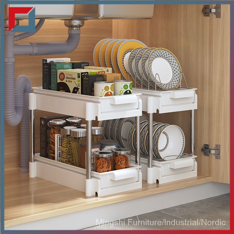 Kitchen dish storage rack drawer with builtin pullout small dish rack