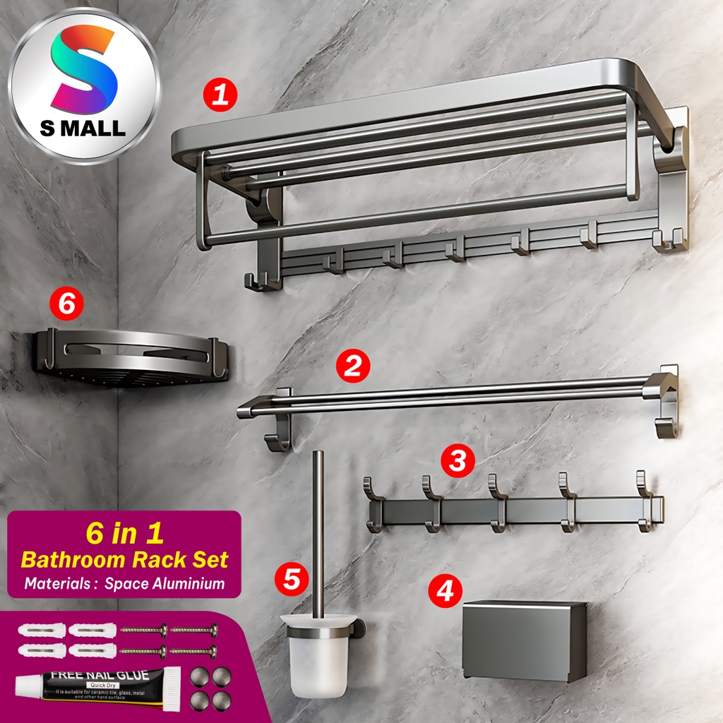 S MALL Gun Gray 6 IN 1 Bathroom Accessories Towel Rack,Towel Bar,Hook ...