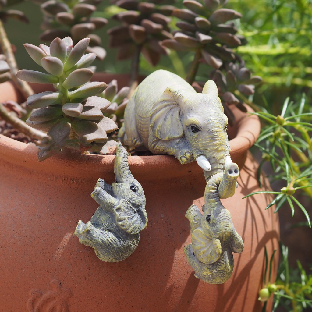 Elephant Sitter HandPainted Figurines Set of 3 Mother and Two Babies