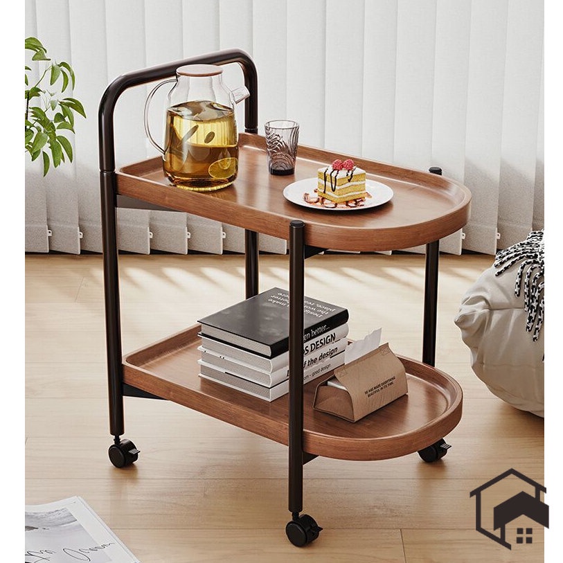 Corner Table Movable Tea Table with Wheels Walnut Sofa Side Table